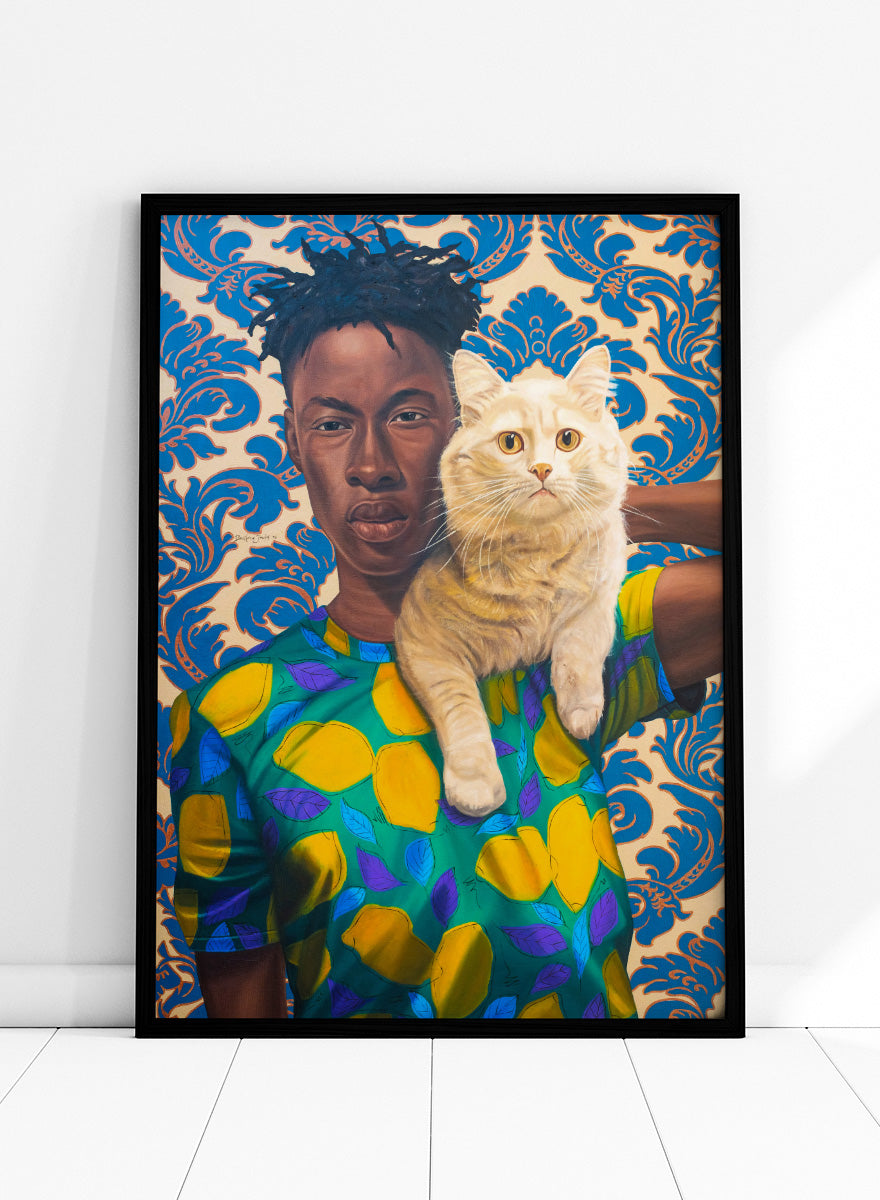 A stylized portrait artwork of a person holding a white cat, set against a blue and beige damask pattern background. Shop Man and Cat Portrait by Nigerian artist Damilare Jamiu, a contemporary portrait art print with a cream cat, bold fashion, and rich green and blue tones.