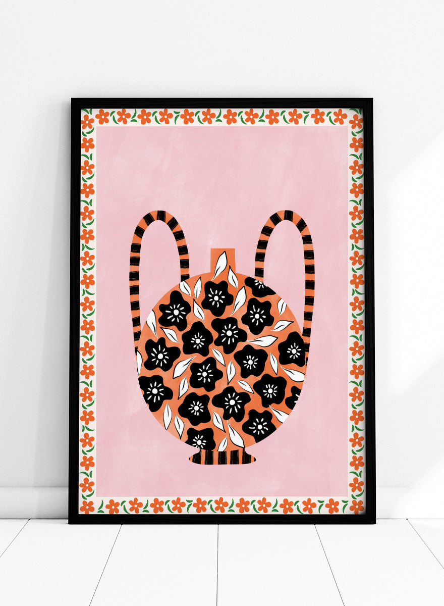 Shop Orange Floral Vase by Elena Ristova, a colorful floral wall art print poster featuring black flowers, striped handles, pink, orange, green, and folk-inspired details.