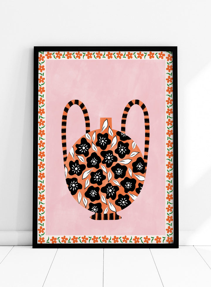Shop Orange Floral Vase by Elena Ristova, a colorful floral wall art print poster featuring black flowers, striped handles, pink, orange, green, and folk-inspired details.