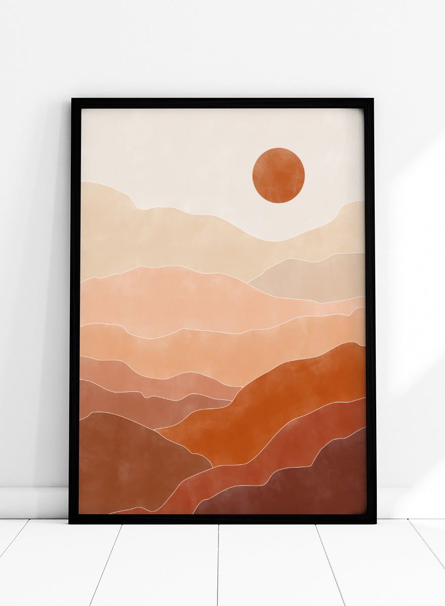 Shop Warm Desert Layers by Elena Ristova, a modern desert wall art print poster featuring layered hills, a terracotta sun, and warm peach, rust, and brown tones.