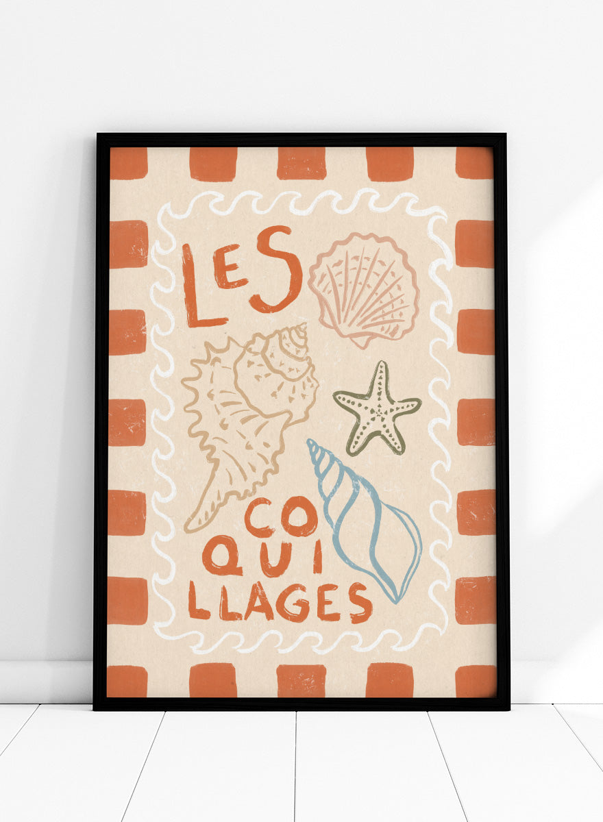 A square decorative print or card with the French text “LES COQUILLAGES” in orange lettering, surrounded by illustrated seashells and a starfish on a cream background with an orange-and-white check border. Rustic French Seashells by Katarzyna Gąsiorowska coastal art print with hand-drawn shells, a starfish, French lettering, and terracotta checks.