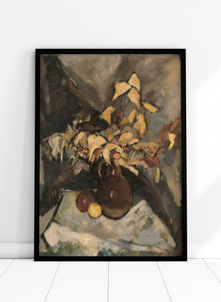 Shop Autumn Still Life by Zolo Palugyay, a vintage still life wall art print poster featuring autumn leaves, fruit, and flowers in warm brown tones.