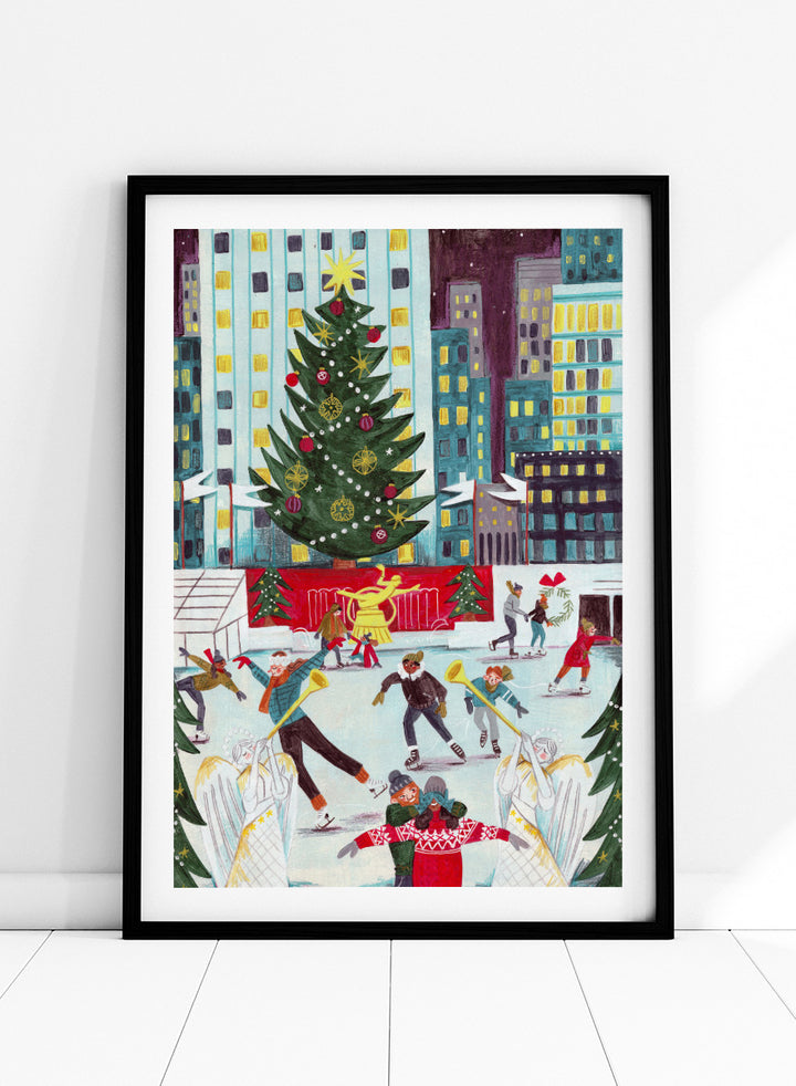 Shop Ice Skating at Rockefeller Center Christmas, a festive Christmas wall art print poster with skaters, city lights, and a New York holiday scene.