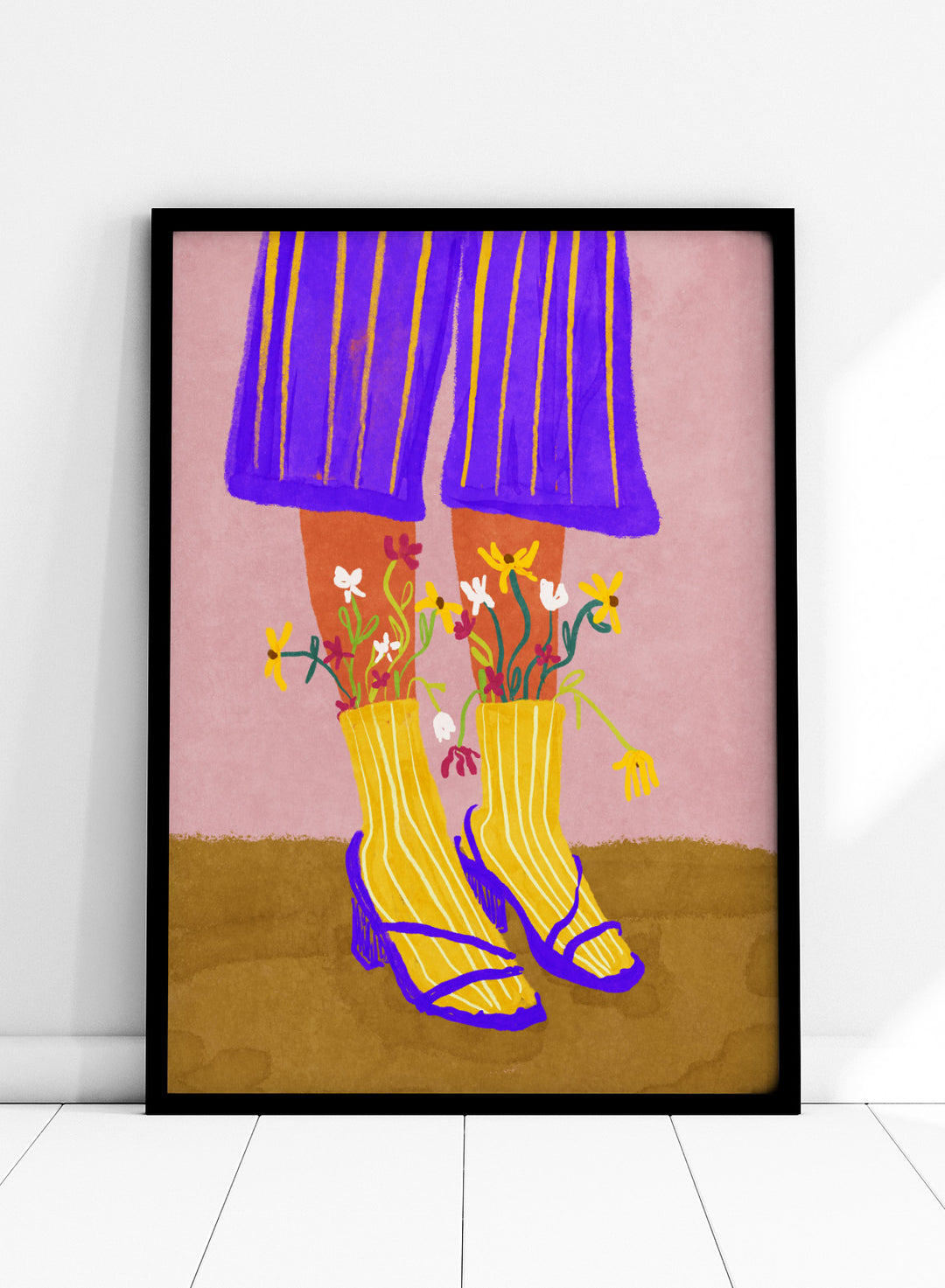 Illustration of legs wearing a purple skirt, yellow boots, and floral tights on a pink background. Fashion Shoot by Raissa Oltmanns fine art print featuring heels and floral socks illustration, modern fashion wall decor poster with bold contemporary aesthetic.