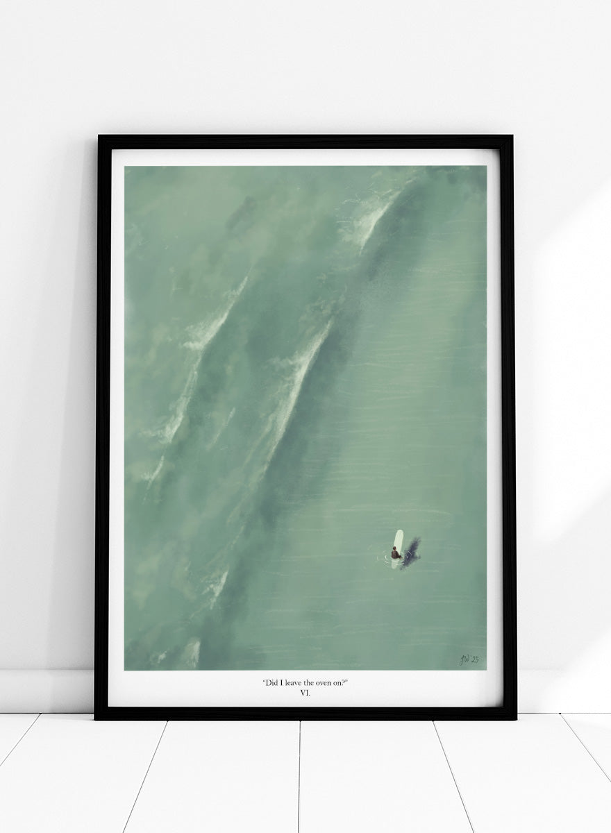 A framed art print featuring a minimalist aerial illustration of a surfer on a large wave, with the caption 'Did I leave the oven on?' and 'VI' at the bottom. Lone Surfer Deep Ocean by Jake Waldron, a minimalist ocean art print featuring a lone surfer, deep water, and soft green coastal tones.