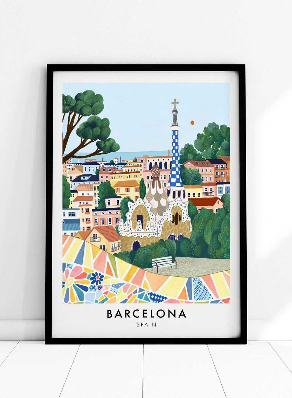 Park Güell Barcelona Spain Colorful Buildings Travel City Art Print | Coastal Landscape Illustration, Europe Architecture Travel Poster