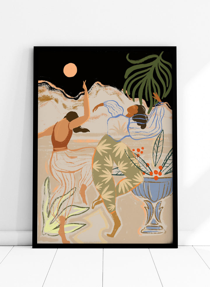 Artistic depiction of two figures dancing with plants and a vase in the background. Moonlight Dance by Arty Guava is a modern illustration art print featuring dancing women, moon imagery, floral elements, and contemporary wall art design.