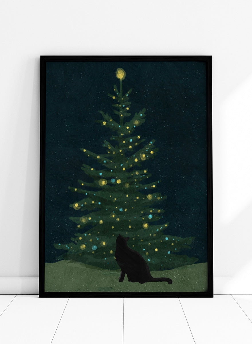 Shop Christmas Wishes by Katie O’Shea, a charming black cat Christmas wall art print poster featuring a glowing tree, festive lights, and deep green tones.