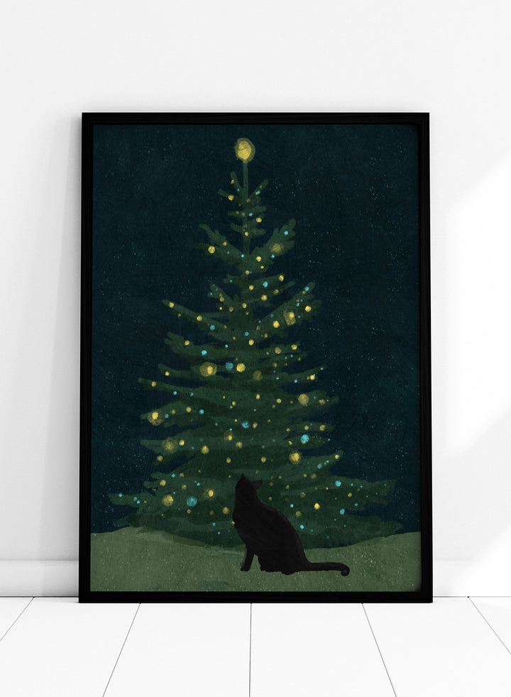 Shop Christmas Wishes by Katie O’Shea, a charming black cat Christmas wall art print poster featuring a glowing tree, festive lights, and deep green tones.