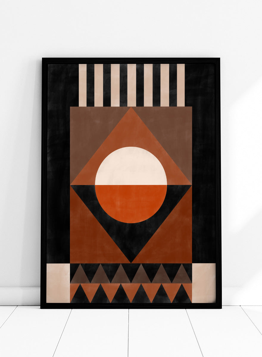 Shop Geometric Earth Tones by Elena Ristova, a modern abstract wall art print poster with bold geometric shapes in orange, cream, brown, and black.