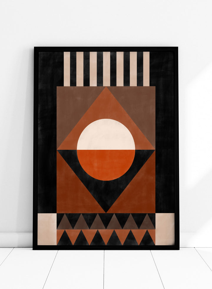 Shop Geometric Earth Tones by Elena Ristova, a modern abstract wall art print poster with bold geometric shapes in orange, cream, brown, and black.
