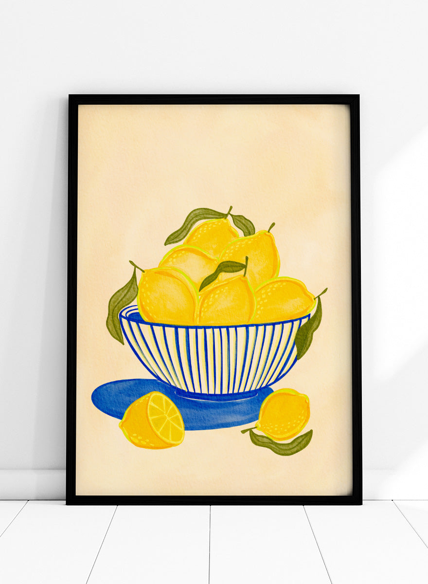 A stylized still life illustration of yellow lemons in a blue-and-white striped bowl with green leaves. Shop Fresh Lemon Bowl by Nikita Jariwala, a kitchen wall art print poster featuring bright yellow lemons, a blue striped bowl, green leaves, and citrus still life.