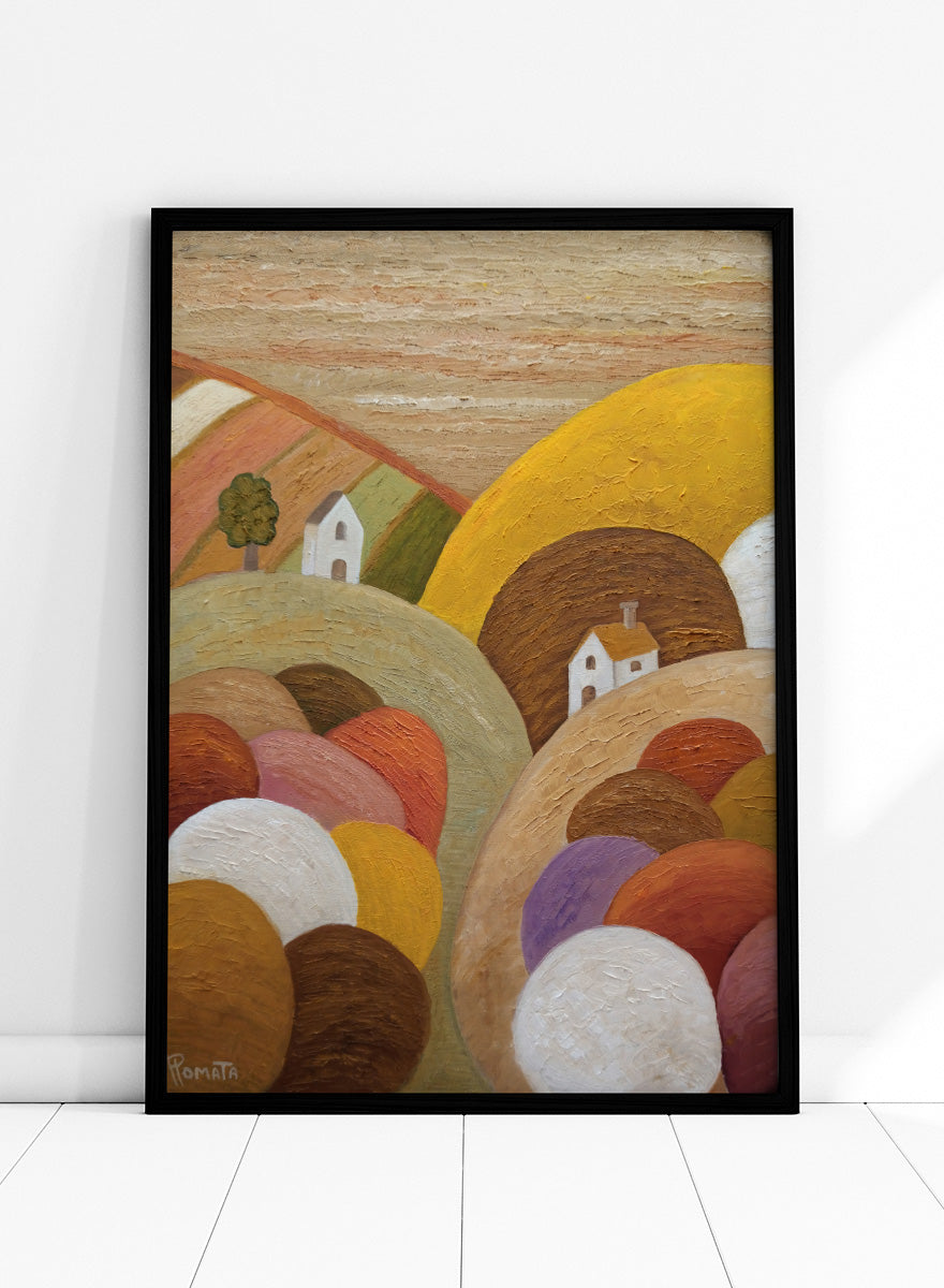 Shop Colorful Hillside Village by Angeles M. Pomata, an autumn landscape art print featuring rounded hills, tiny white houses, earthy tones, and rich oil texture.
