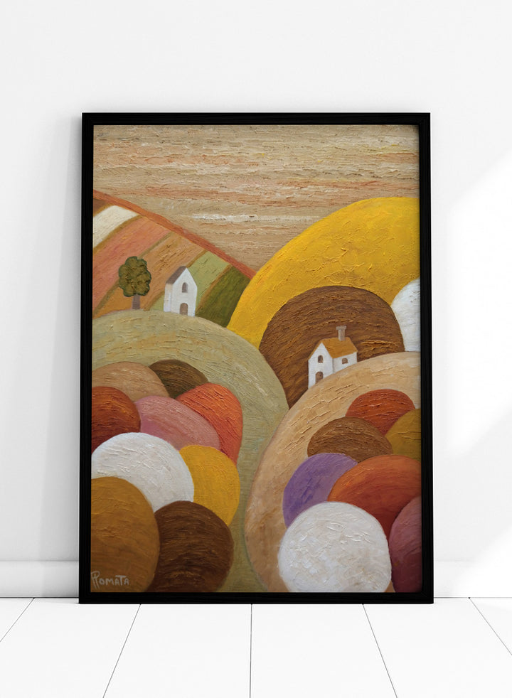 Shop Colorful Hillside Village by Angeles M. Pomata, an autumn landscape art print featuring rounded hills, tiny white houses, earthy tones, and rich oil texture.
