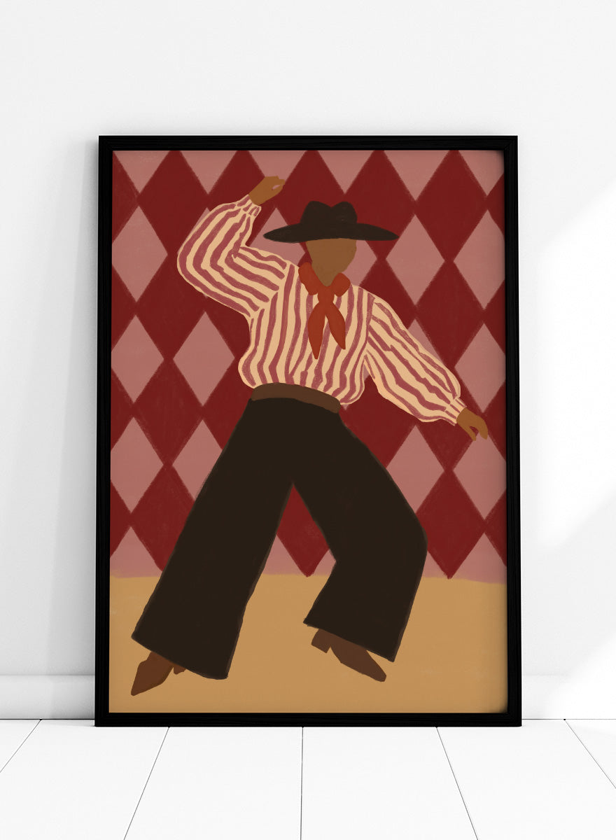 A stylized illustration of a person in a cowboy hat, striped shirt, and dark pants dancing against a red and pink diamond-patterned background. Retro Dance Character by The Art Concept art print with a dancing figure, striped shirt, red scarf, harlequin background, and retro color palette.