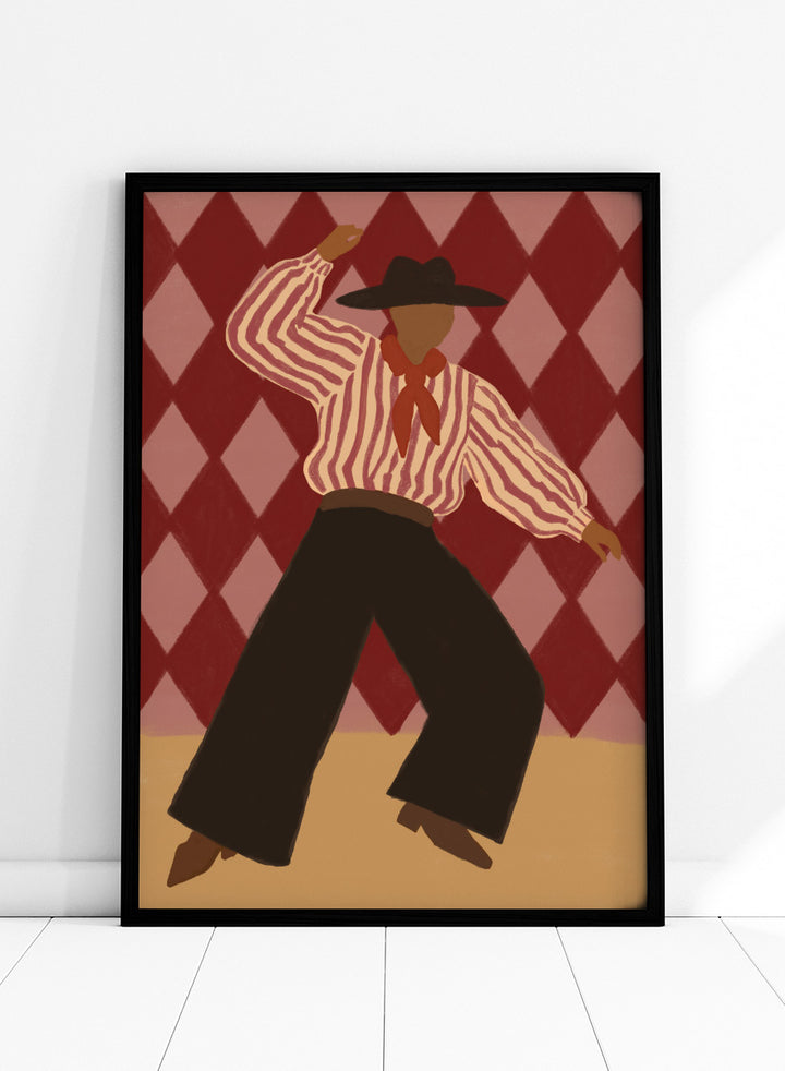 A stylized illustration of a person in a cowboy hat, striped shirt, and dark pants dancing against a red and pink diamond-patterned background. Retro Dance Character by The Art Concept art print with a dancing figure, striped shirt, red scarf, harlequin background, and retro color palette.