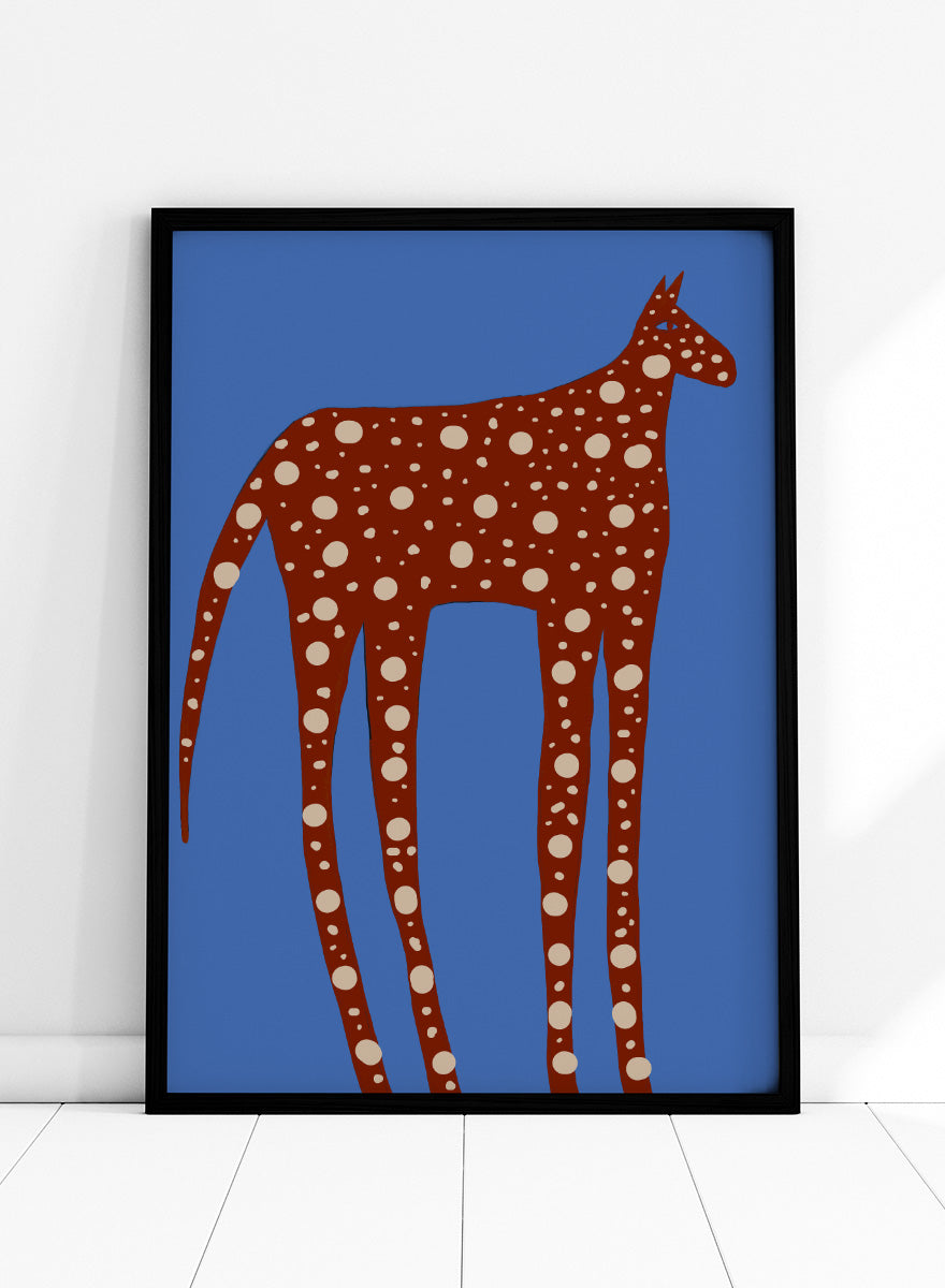 Spotted Long Legged Horse by The Art Concept playful animal art print featuring an elongated spotted horse against a bold blue background.