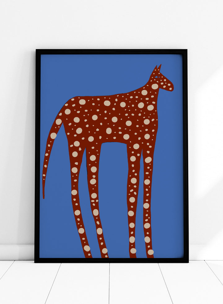 Spotted Long Legged Horse by The Art Concept playful animal art print featuring an elongated spotted horse against a bold blue background.