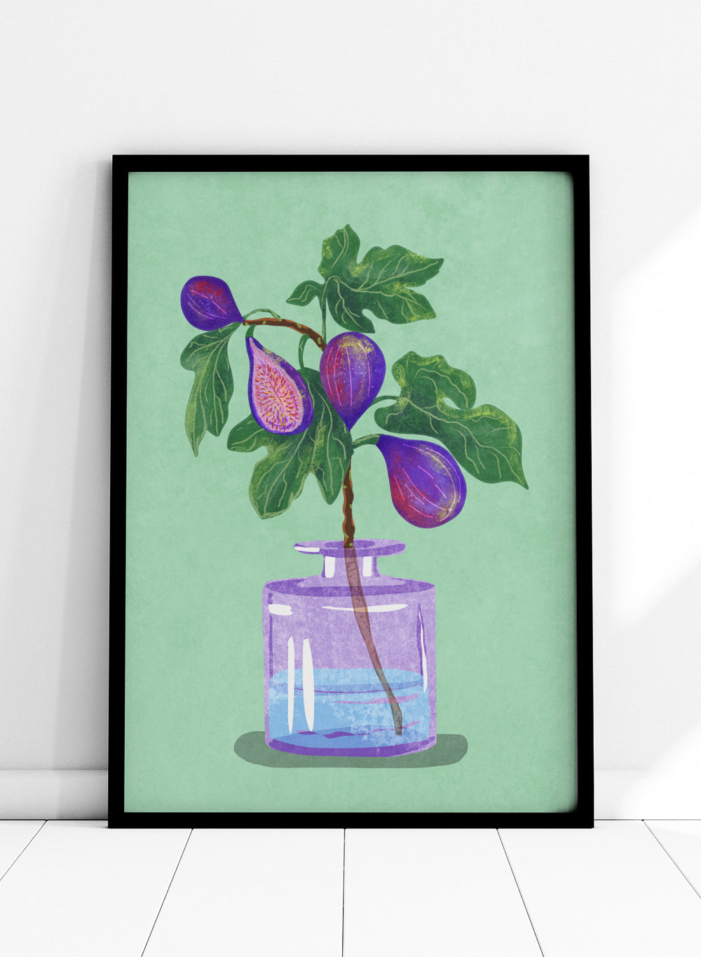Illustration of a plant with purple fruits in a glass bottle on a green background. Figs Branch In Vase by Raissa Oltmanns is a modern fig still life art print with purple fruit and botanical kitchen wall poster design.