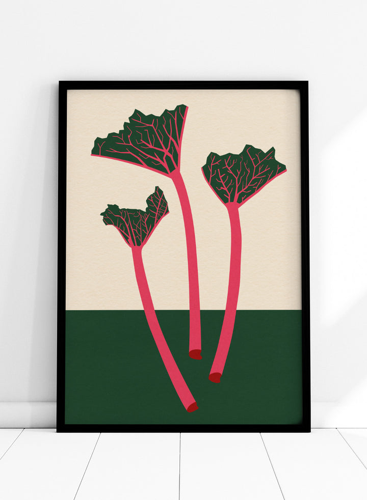 Illustration of red rhubarb stalks with green leaves on a beige and green background. Swedish Garden Rhubarb by Rosi Feist is a modern botanical art print with bold minimalist color and Bauhaus-inspired design. Officially licensed fine art poster with framing.