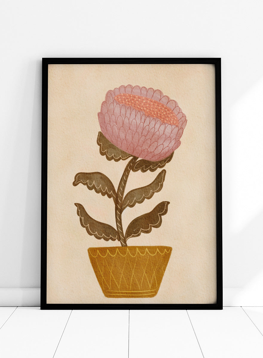 Shop Rustic Potted Flower by Nikita Jariwala, a floral wall art print poster featuring an oversized pink flower, mustard pot, folk art details, and earthy tones.