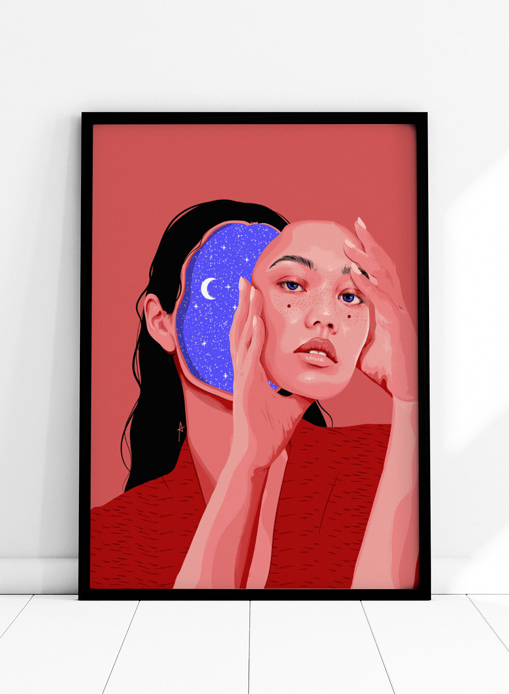 Illustration of a person with a starry night design, on a red background. Des Astres by AnA Ariane is a surreal portrait art print featuring a woman with a starry cosmic interior. Modern figurative wall poster.