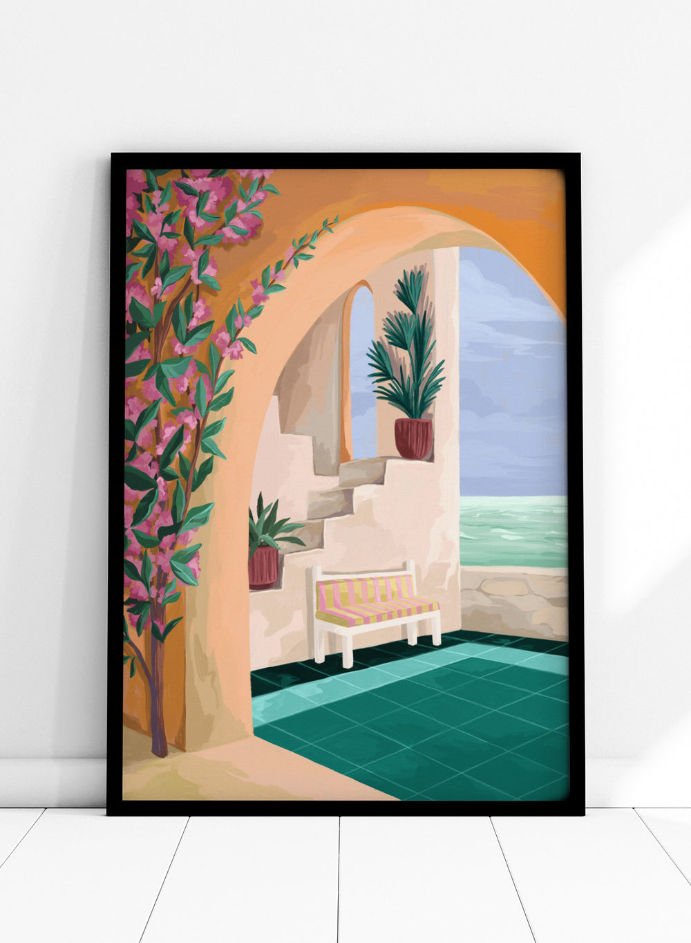 Decorative interior scene with an arch, bench, and ocean view. Bench with a View by Goed Blauw is a coastal art print and wall poster featuring an arched terrace, striped bench, and ocean view with warm tones.