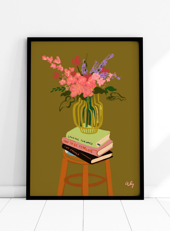 Vase with flowers on a stack of books on a stool against a green background. Floral Vase by Arty Guava is a modern flower still life art print with a striped vase and book stack. Officially licensed wall poster.