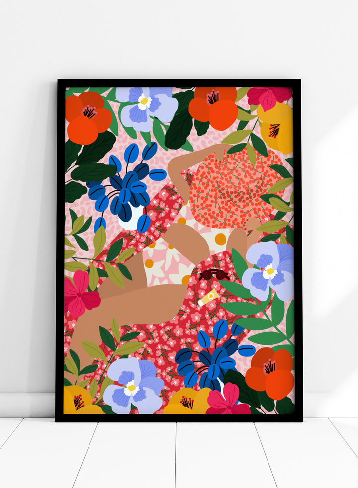 Colorful floral pattern with abstract shapes on a pink background. Sleeping Under the Sun by Rafaela Mascaro is a vibrant floral art print filled with bold colors, botanical details, decorative patterns, and summer warmth.