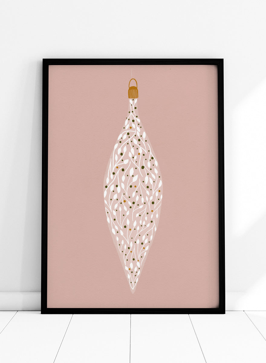 Shop Ornament On Pink by Katie O’Shea, a botanical Christmas wall art print poster featuring white leafy branches, green and gold details, and a dusty pink background.