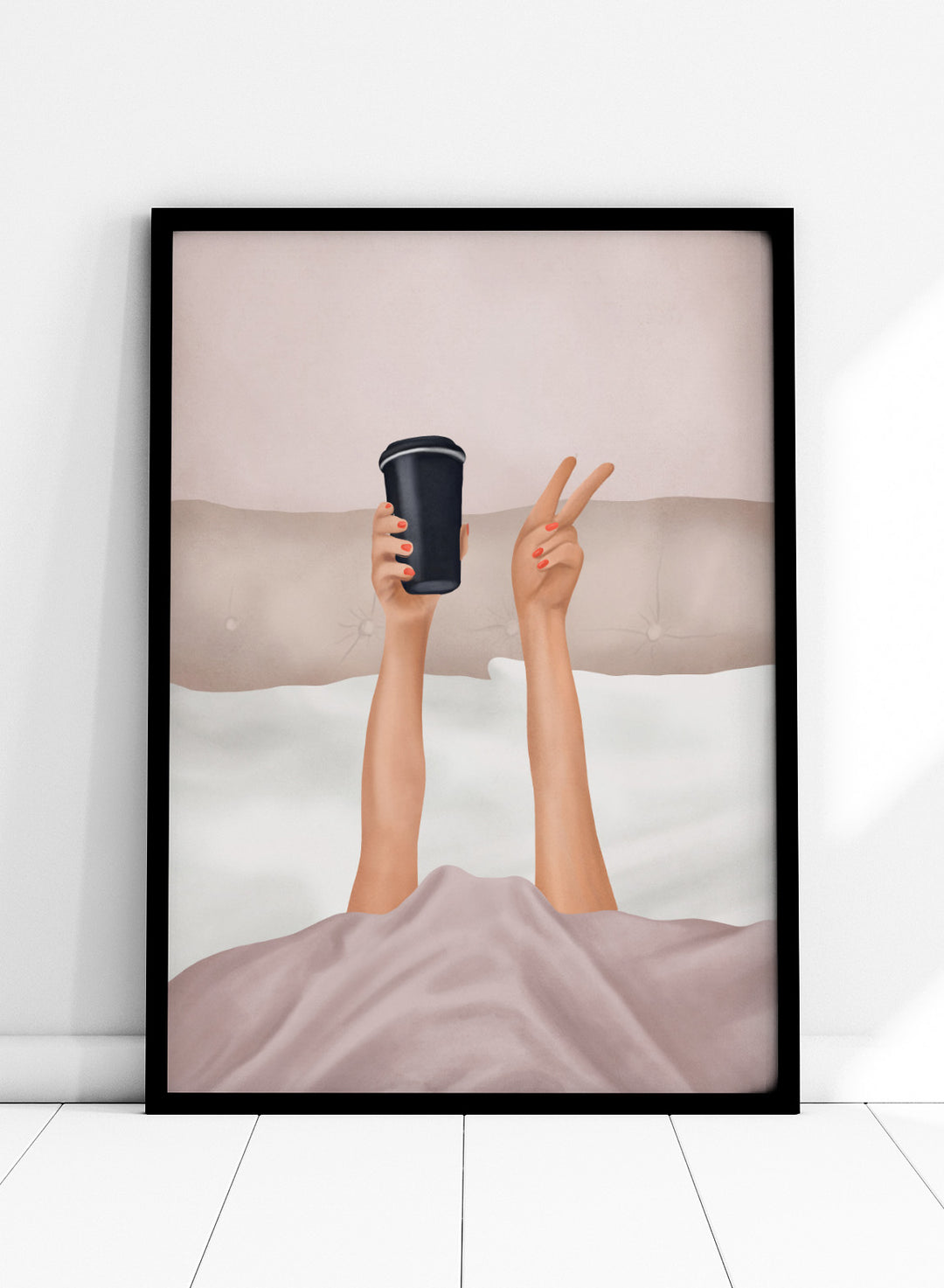 Person holding a black coffee cup above bed with pink sheets. Morning Coffee Peace by Flow Line is a playful coffee art print featuring a cozy bed scene, perfect for bedrooms, coffee lovers, and modern interiors.