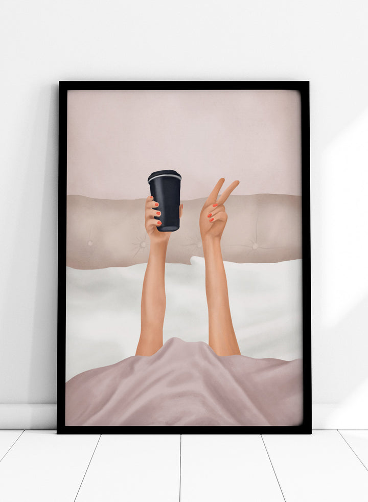 Person holding a black coffee cup above bed with pink sheets. Morning Coffee Peace by Flow Line is a playful coffee art print featuring a cozy bed scene, perfect for bedrooms, coffee lovers, and modern interiors.