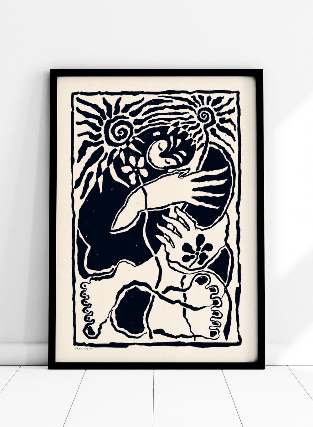 Black and white artwork of a stylized figure with abstract patterns. Protection Black by Eden Kalif is a modern abstract figurative art print in bold black, a contemporary aesthetic wall poster with expressive shapes and symbolic elements.