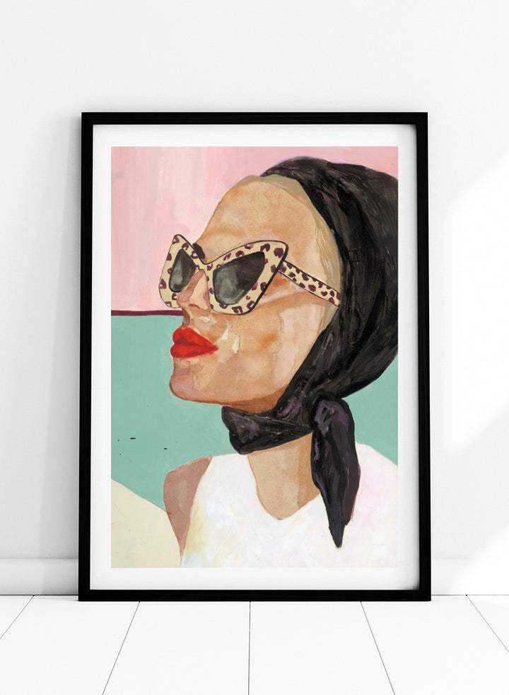 Shop Chic Scarf Sunglasses by Sophia Novosel, a modern female portrait wall art print poster featuring cat-eye sunglasses, red lips, and a black scarf.