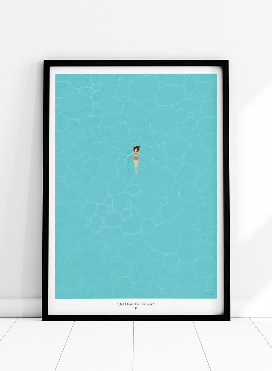 A minimalist art print featuring a small illustrated figure floating in a turquoise pool of water, with a black border and the caption 'Did I leave the oven on?' at the bottom. Shop Floating Woman Blue Water by Jake Waldron, a minimalist swimming wall art print featuring a lone swimmer, pale blue water, and a calm modern composition.