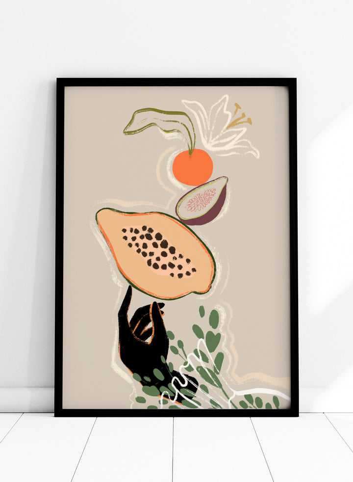 Illustration of a sloth holding a papaya with a beige background. Balancing Fruits by Arty Guava is a modern fruit still life art print with papaya and fig. Officially licensed wall poster for kitchen decor.