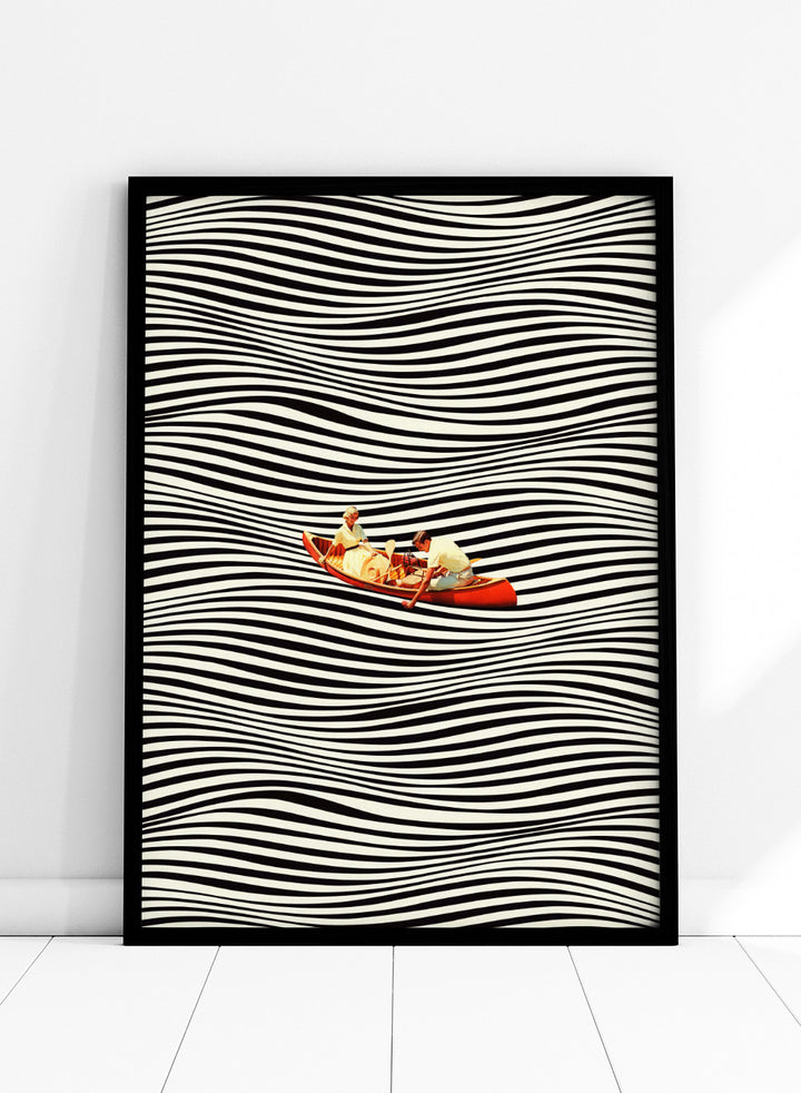 Two people in a red boat on a background of black and white wavy lines. The Real Boat Trip by Taudalpoi features a surreal boat illustration floating on black and white wavy lines. Retro collage art print with optical illusion design and optional framing.