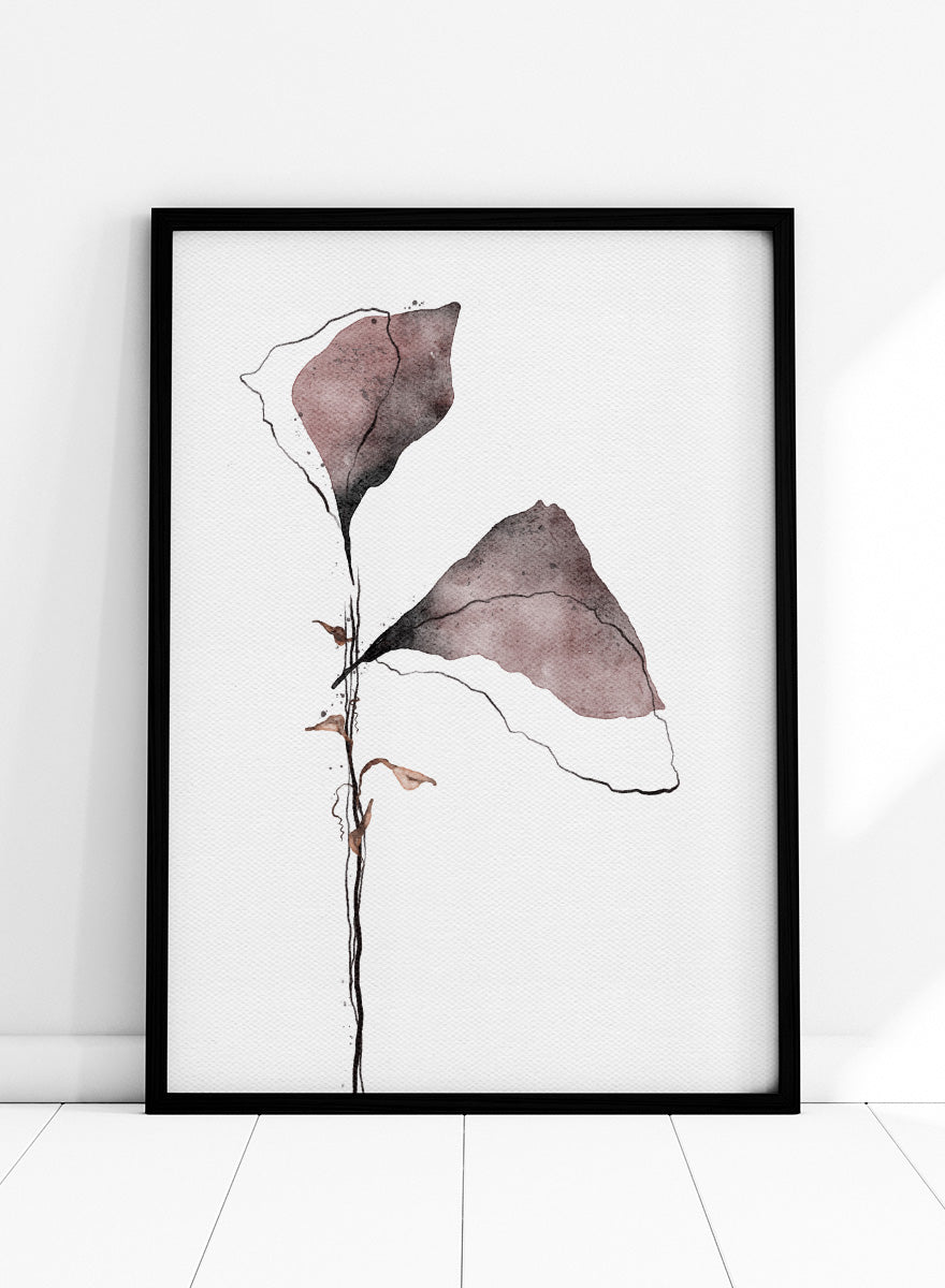 Abstract watercolor floral art print featuring two muted mauve-brown flower shapes on a thin black stem against a white textured background. Shop Muted Botanical Abstraction by Ankie Kooi, an abstract botanical wall art print poster with watercolor leaves, minimalist line art, purple, brown, and cream.