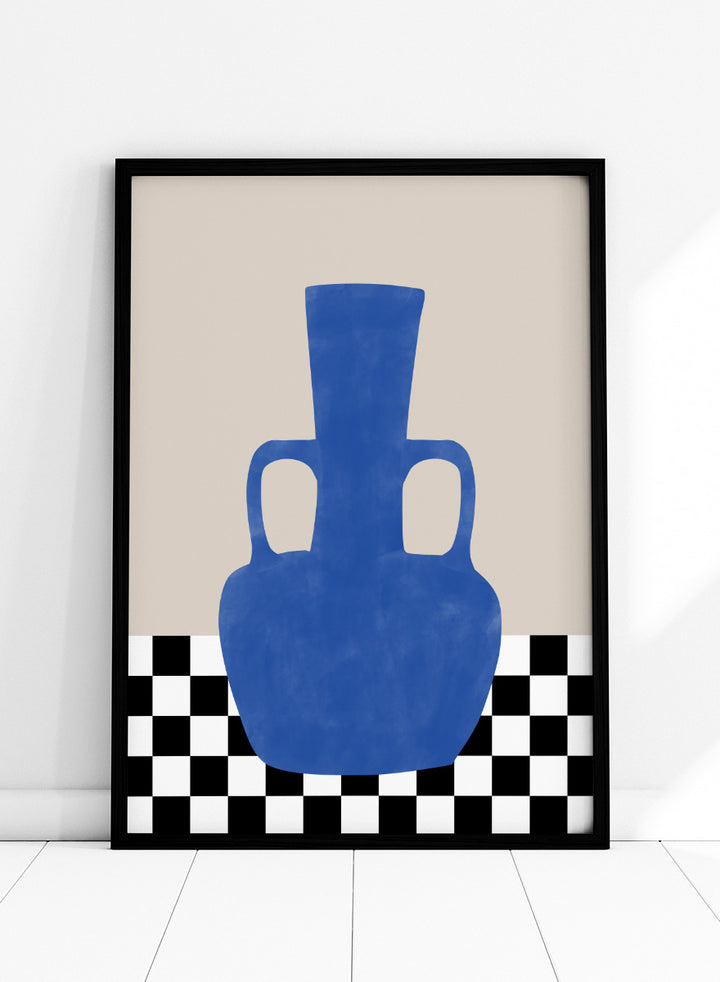 Shop Blue Amphora Still Life by Elena Ristova, a modern still life wall art print poster featuring a cobalt blue vase and bold black-and-white checkerboard pattern.