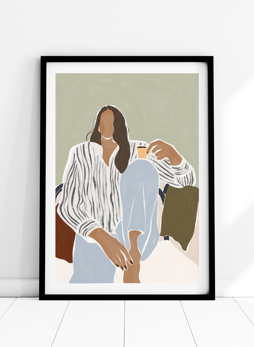 Enjoying a Cup of Espresso by Ivy Green is a modern illustration art print featuring a relaxed woman with coffee. Premium fine art print with optional wood framing.