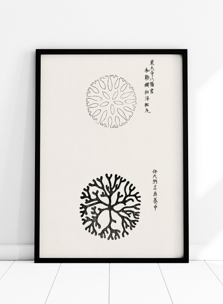 Mirumaru Yatsuo no Tsubaki by Taguchi Tomoki is a vintage Japanese woodblock art print featuring the traditional Mirumaru seaweed motif and original Japanese script.