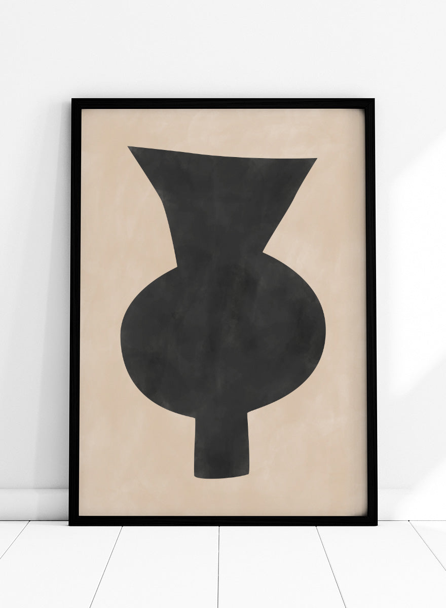 Shop Abstract Black Vase by Elena Ristova, a modern minimalist wall art print poster featuring an oversized black vase silhouette on a soft beige background.