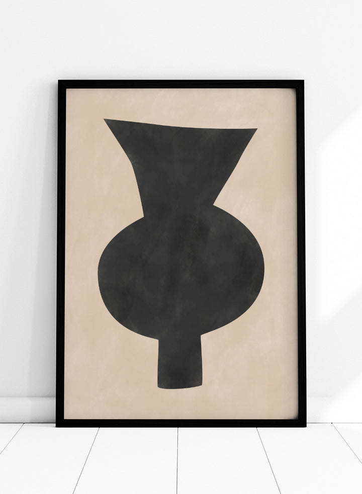 Shop Abstract Black Vase by Elena Ristova, a modern minimalist wall art print poster featuring an oversized black vase silhouette on a soft beige background.