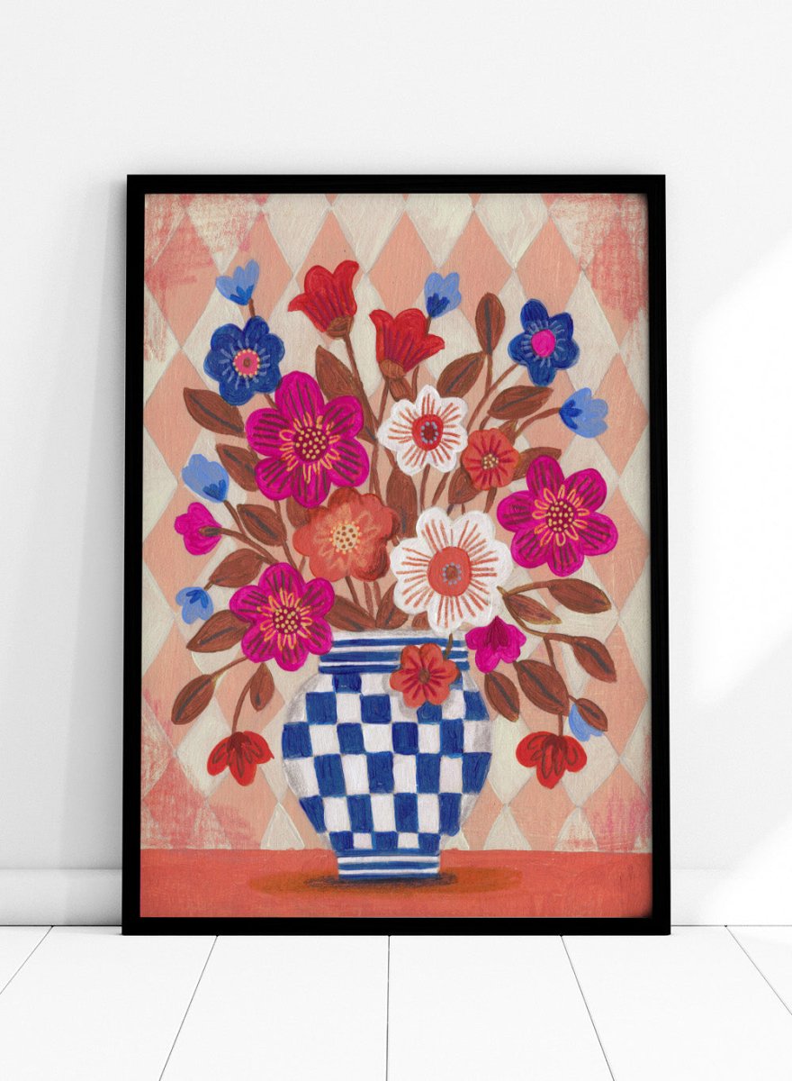 Caroline Bonne Müller - Vibrant Checked Vase Flowers Licensed Fine