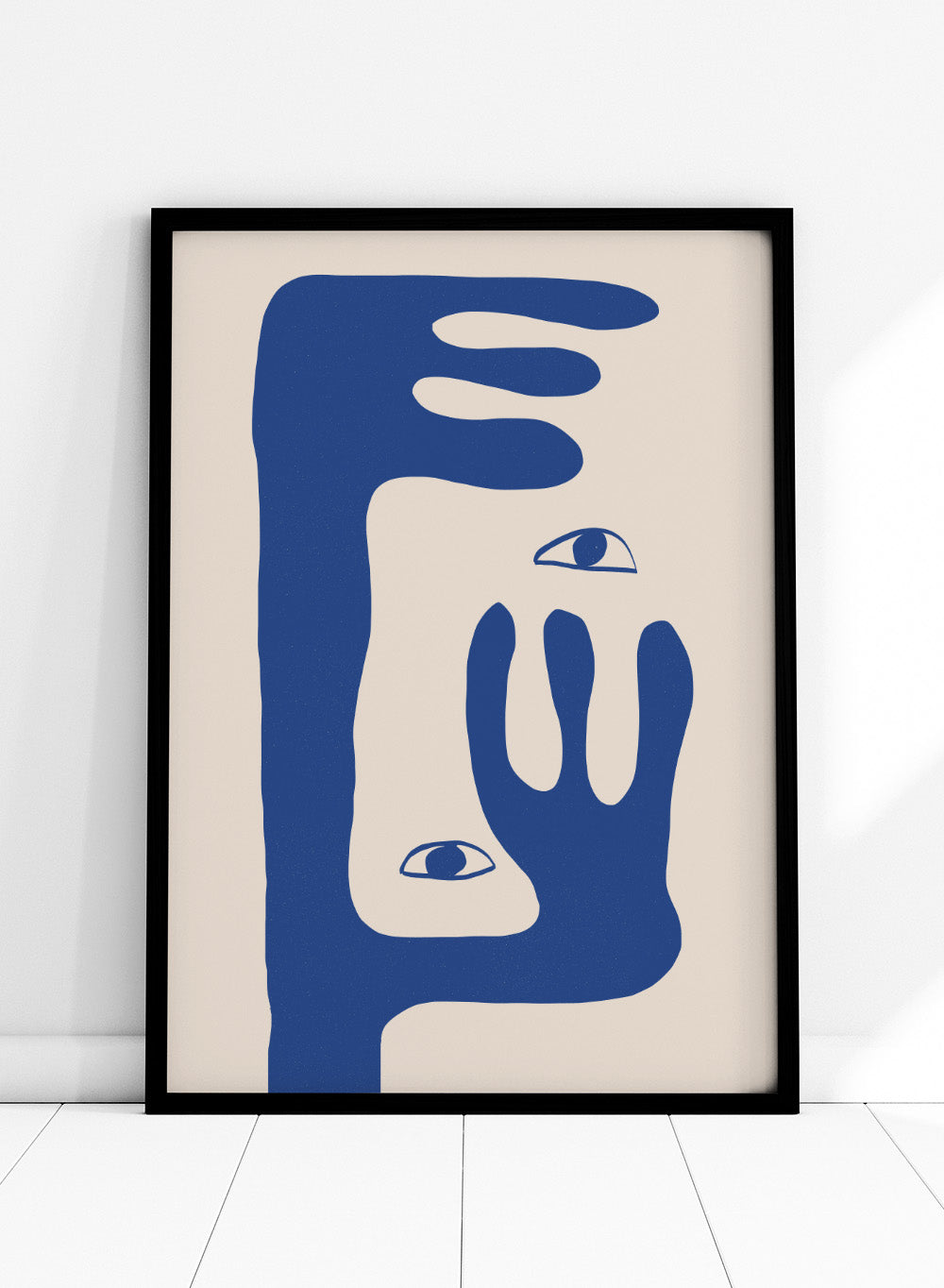 Abstract face art print by The MIUUS Studio featuring bold blue shapes and minimalist design. Contemporary modern wall art poster with graphic abstract portrait.