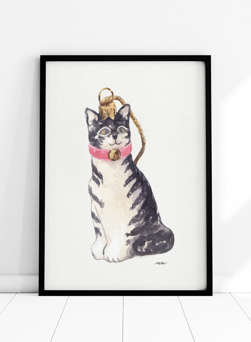Shop Cute Tabby Ornament by NKTN, a festive cat wall art print poster featuring a gray tabby in a pink collar with a gold bell and Christmas ornament detail.