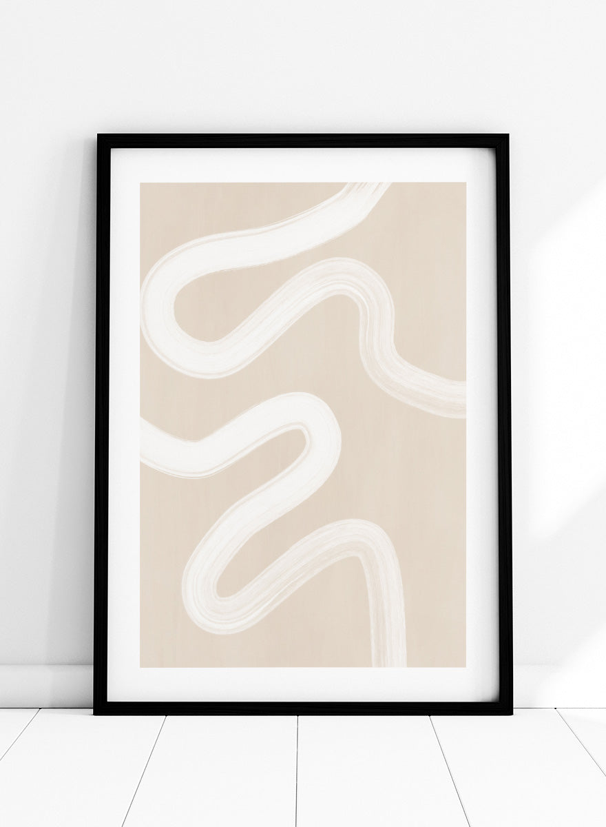 Shop Wavy Abstract Lines by Elena Ristova, a neutral abstract wall art print poster with flowing white brushstrokes on a beige background.