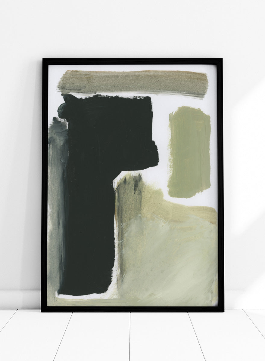 Shop Total by Dan Hobday, a contemporary abstract art print featuring charcoal black, olive green, sage, and beige with bold textured forms.