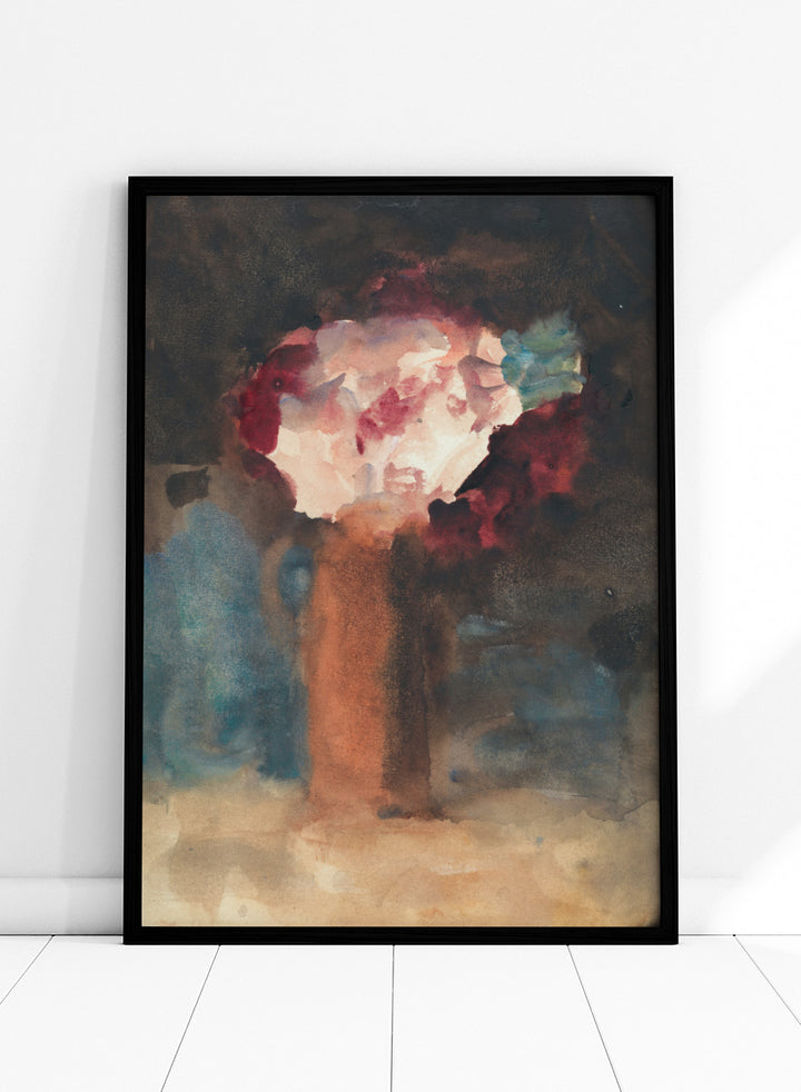 An abstract watercolor painting of a vase with flowers, featuring a warm terracotta-brown vase and a bouquet of white, red, and blue blossoms against a dark, textured background. Roses by Hercules Brabazon Brabazon is a vintage floral art print featuring pink and red roses in a terracotta vase with a dark, moody background.
