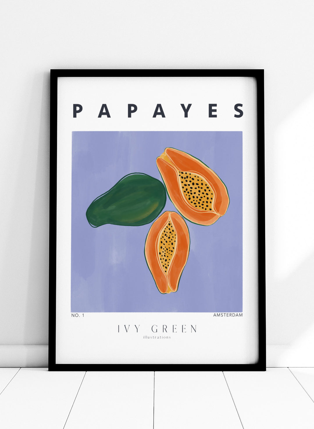 Illustration of papayas and a leaf on a blue background with 'Papayes' text at the top. Papayes by Ivy Green fruit art print featuring papaya illustration, modern food poster design, and colorful contemporary kitchen wall art.